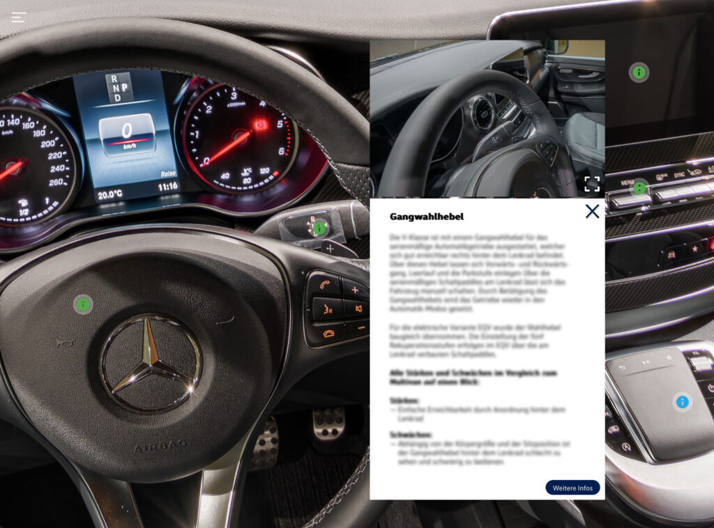 High-resolution view of Mercedes competitor vehicle steering wheel controls with gear changer buttons in VW Multivan training.