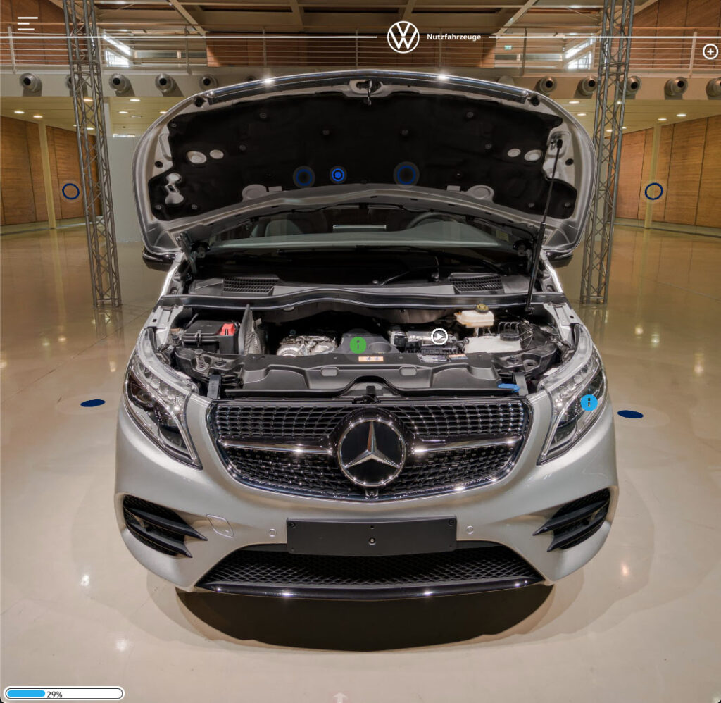 Animated bonnet opening reveals engine compartment and info point with capacity details for Mercedes competitor in VW Multivan training.
