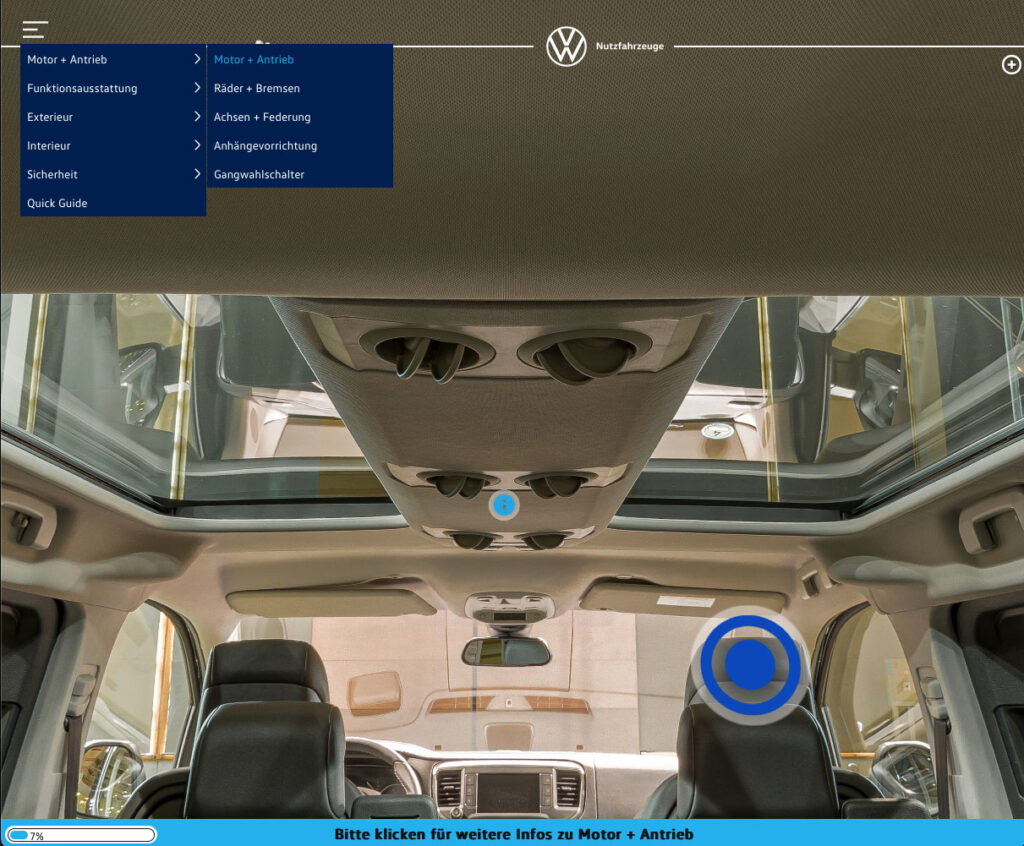 This image illustrates how users can access info items directly from the menu in the immersive training experience for the VW Multivan. When an item is selected, the system transports the user to the optimal viewpoint and automatically reveals the relevant info panel. This feature allows trainees to navigate using both a structured text-based index and free movement within the 3D environment. Developed by Volkswagen Commercial Vehicles, this training module combines online space visualization and immersive experience design, helping sales representatives efficiently locate and absorb product information across multiple competitor vehicles.