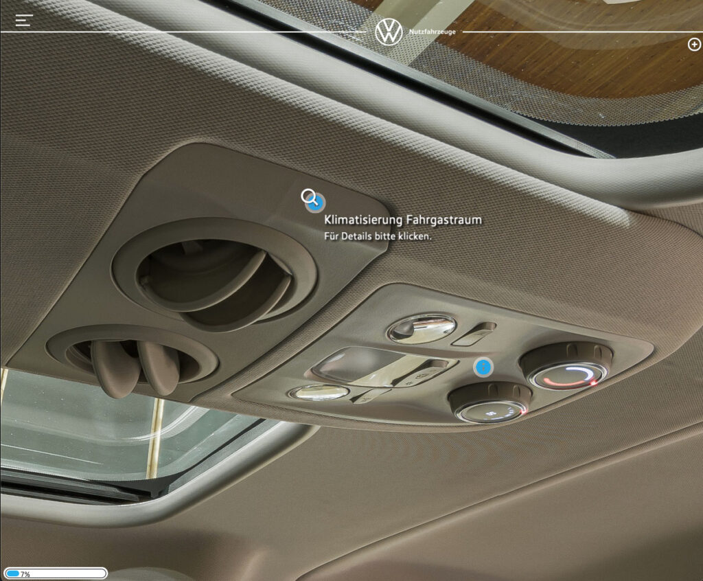 Blue info dots with hover descriptions help users explore content efficiently in VW Multivan immersive training.