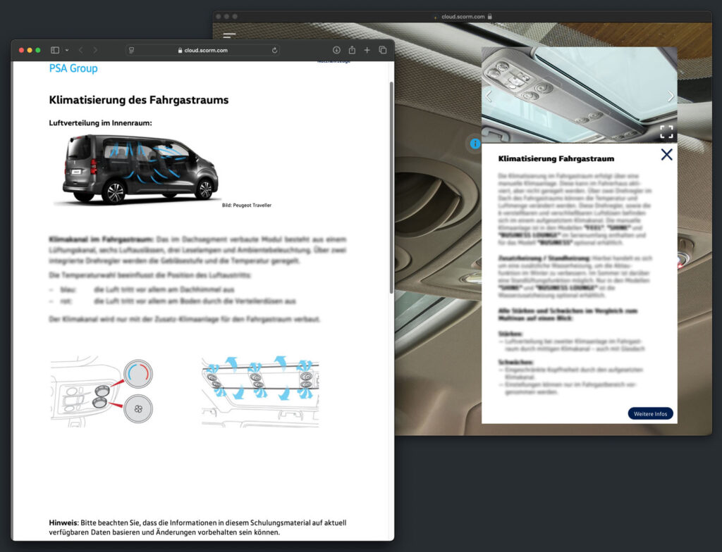 Info point with text, images, and PDF access in immersive VW Multivan training, opening additional details in a new tab.