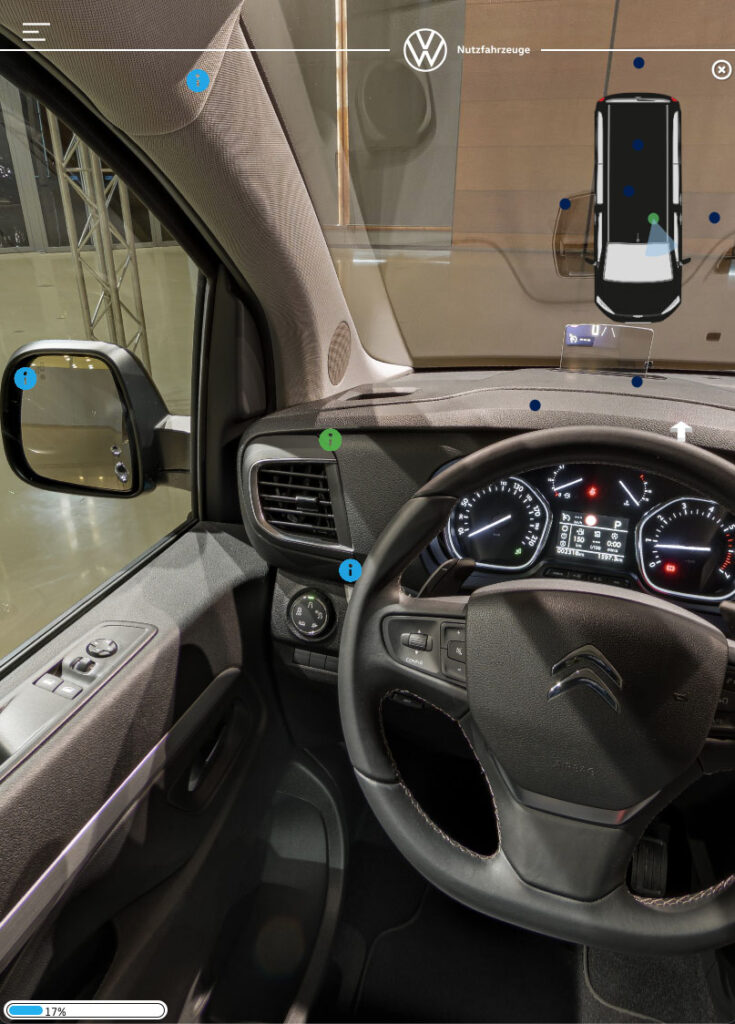 360° cockpit view of Citroën competitor vehicle in immersive VW Multivan training, showing dashboard and windscreen layout.