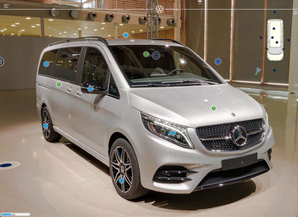 Immersive view of the Mercedes competitor vehicle in VW Multivan training, with info points, map, and 42 percent progress indicator.